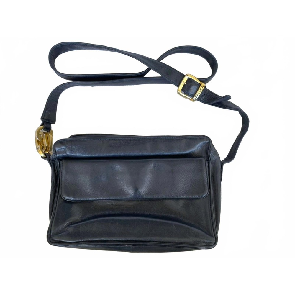 Vintage 80s Perlina Navy Leather Crossbody Bag Brass Rings‎ Old Money Retro Chic